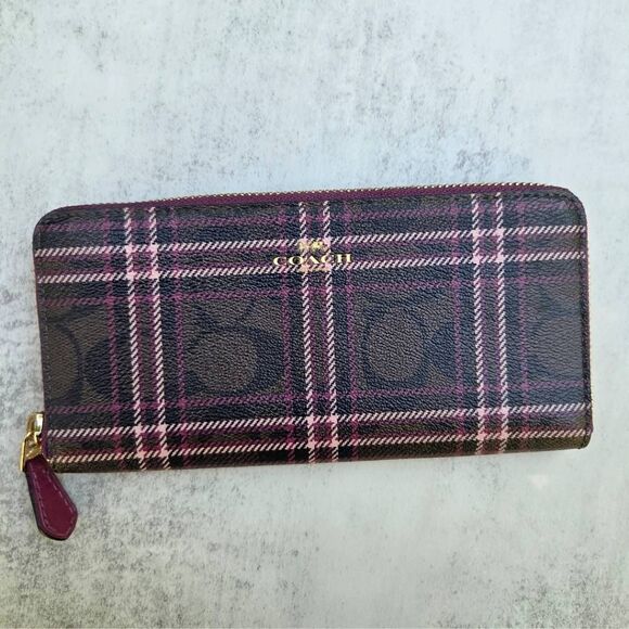 Coach Signature Slim Shirting Plaid Print Canvas Accordion Zip Wallet F87718 - Picture 4 of 10